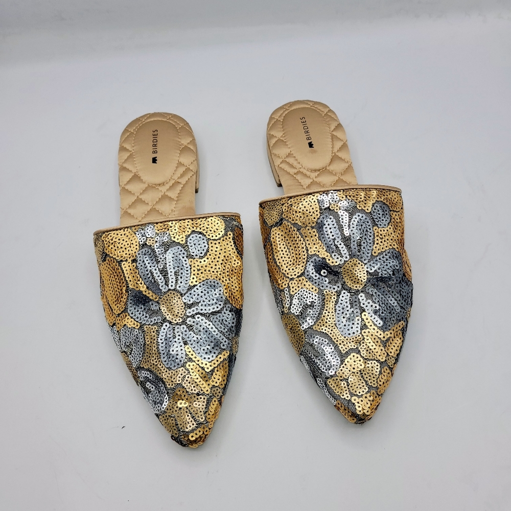 Birdies The Dove In Petal Gold and Silver Sequin Pointed Toe Mules Size 7.5 - Picture 3 of 16